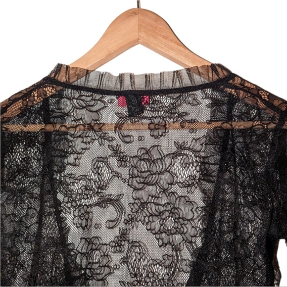 Betsey Johnson Black Lace Bell Sleeve Tulle Front Tie Waist Crop Blouse - Picture 12 of 16